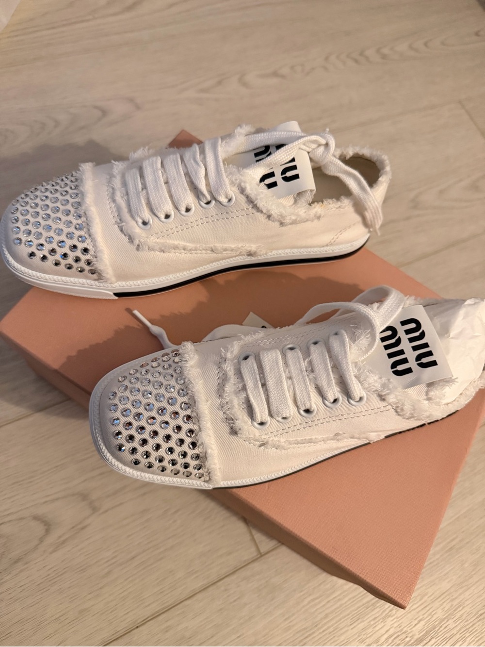 Miu Miu White Crystal-Studded Frayed-Trim Low-Top Sneakers